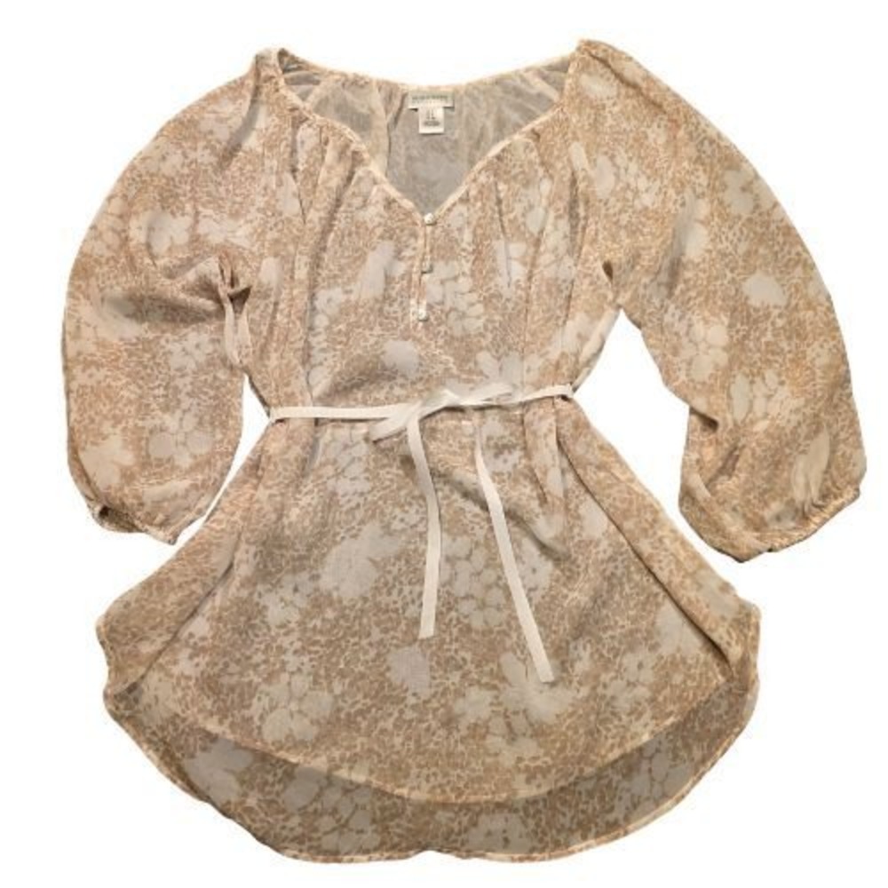 Motherhood Maternity Tan Floral Chiffon 3/4 Sleeve Henley Blouse Size S Belt Tie